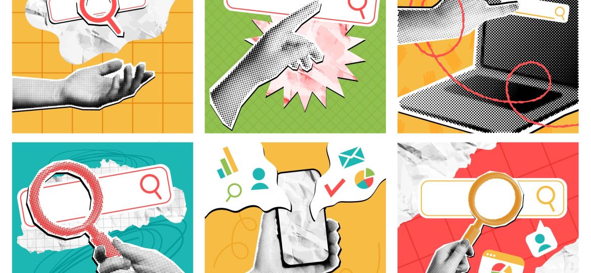 Mixed media online search. Internet search bar with magnifying glass icon, SEO optimization and research pop art with halftone hand vector set. Internet searching, discovery and forecast concept